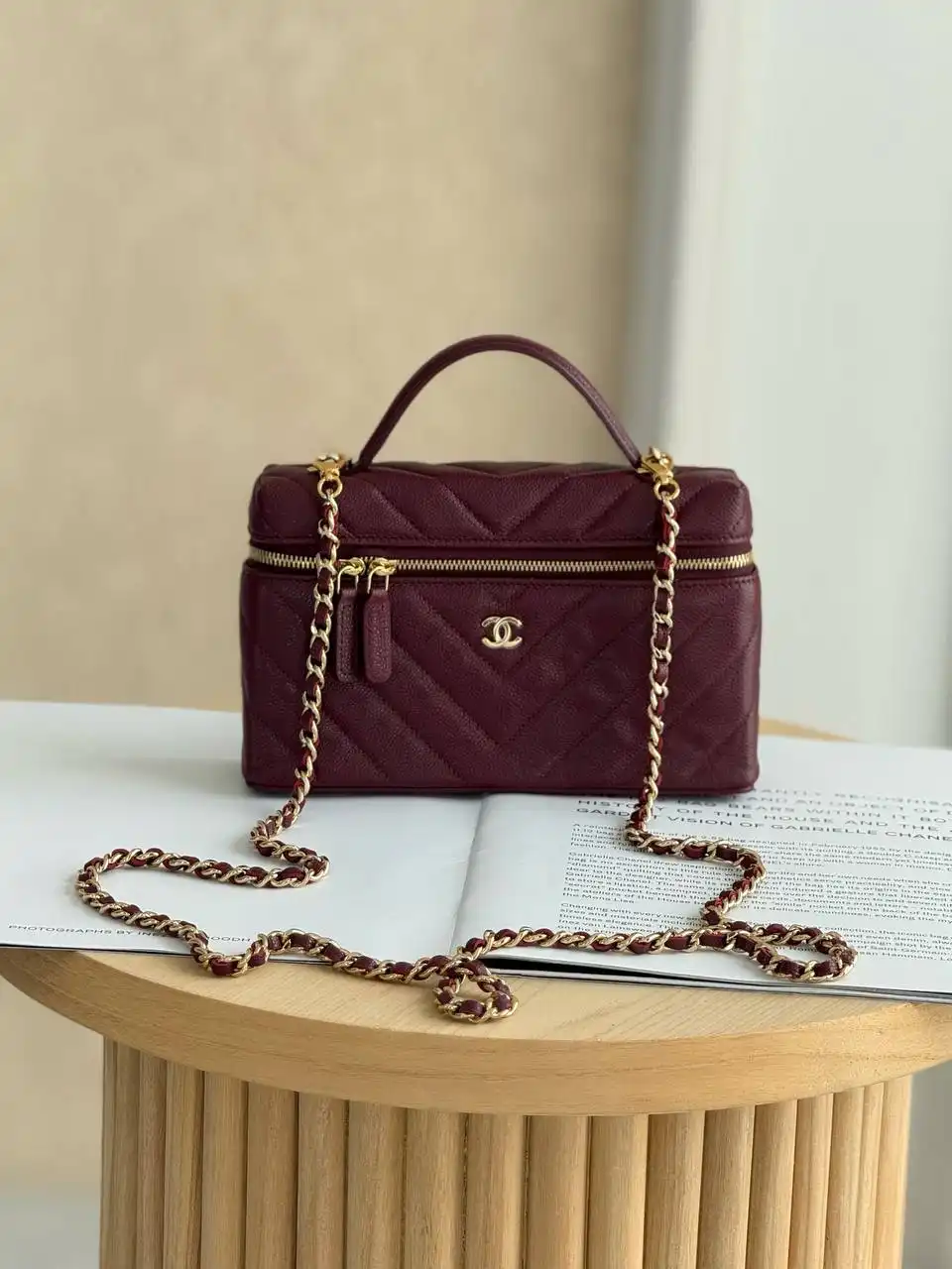 Chanel Vanity Clutch Top Handle Chevron Dark Burgundy Caviar GHW - photo 5