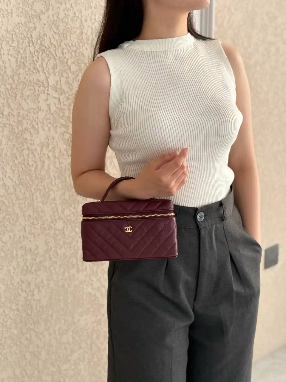 Chanel Vanity Clutch Top Handle Chevron Dark Burgundy Caviar GHW - photo 7