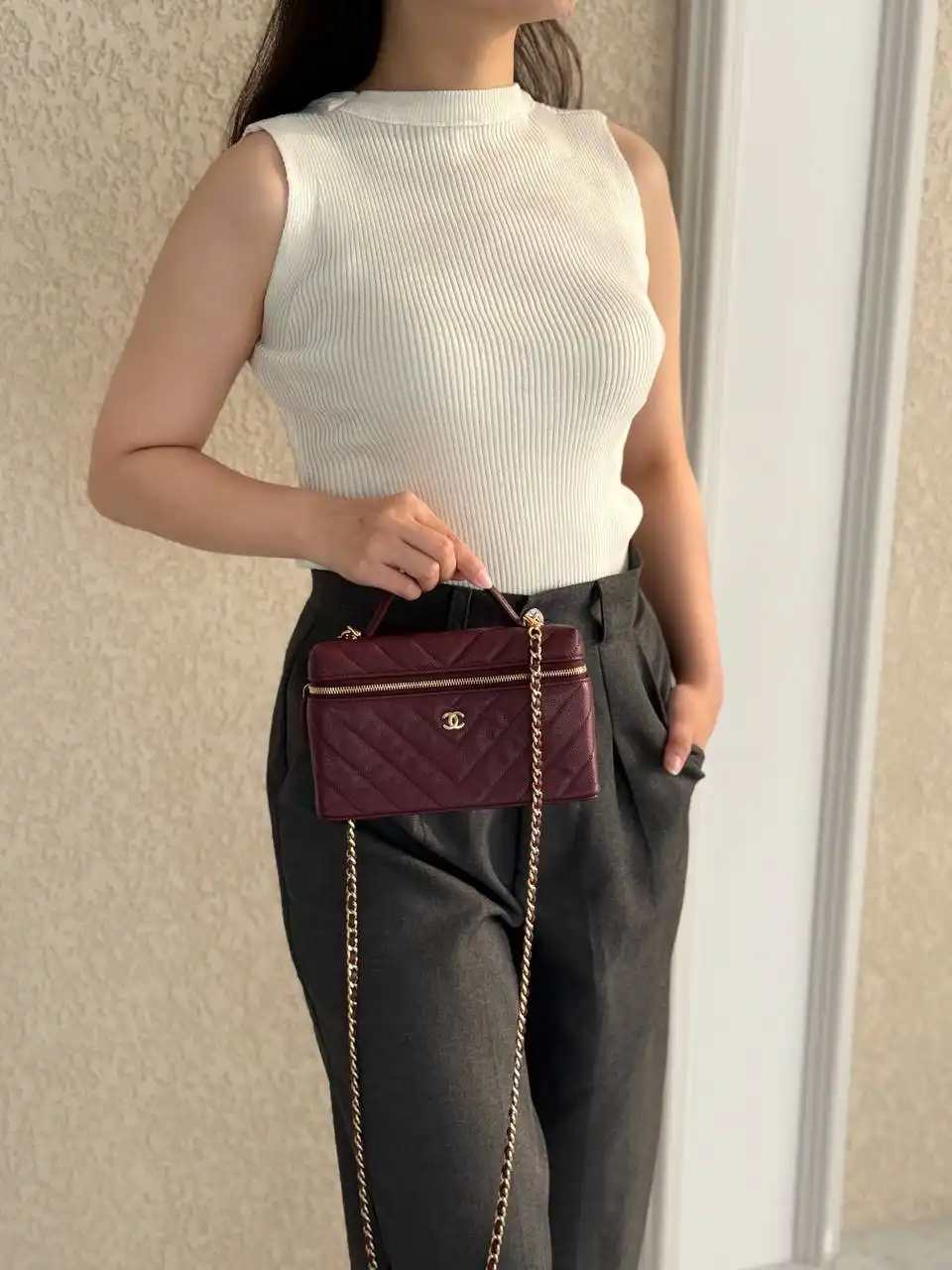 Chanel Vanity Clutch Top Handle Chevron Dark Burgundy Caviar GHW - photo 8