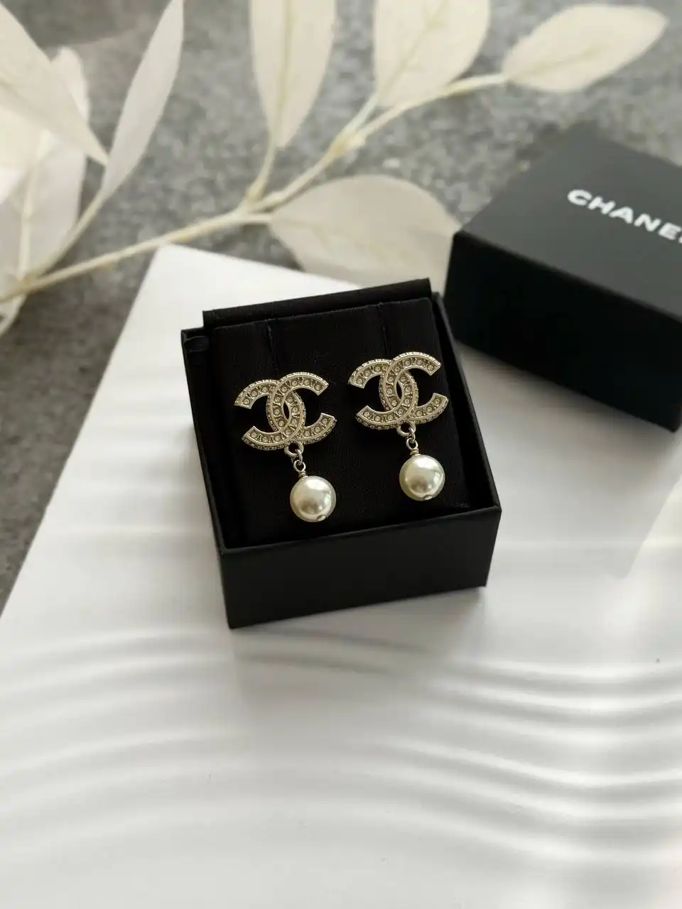 CHANEL Chanel Earring Big Logo Crystal Pearl Drop GHW