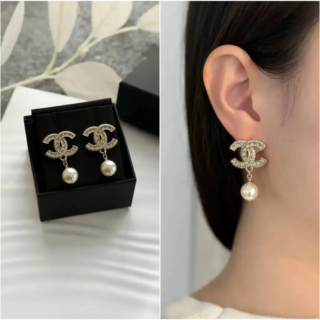 CHANEL Chanel Earring Big Logo Crystal Pearl Drop GHW