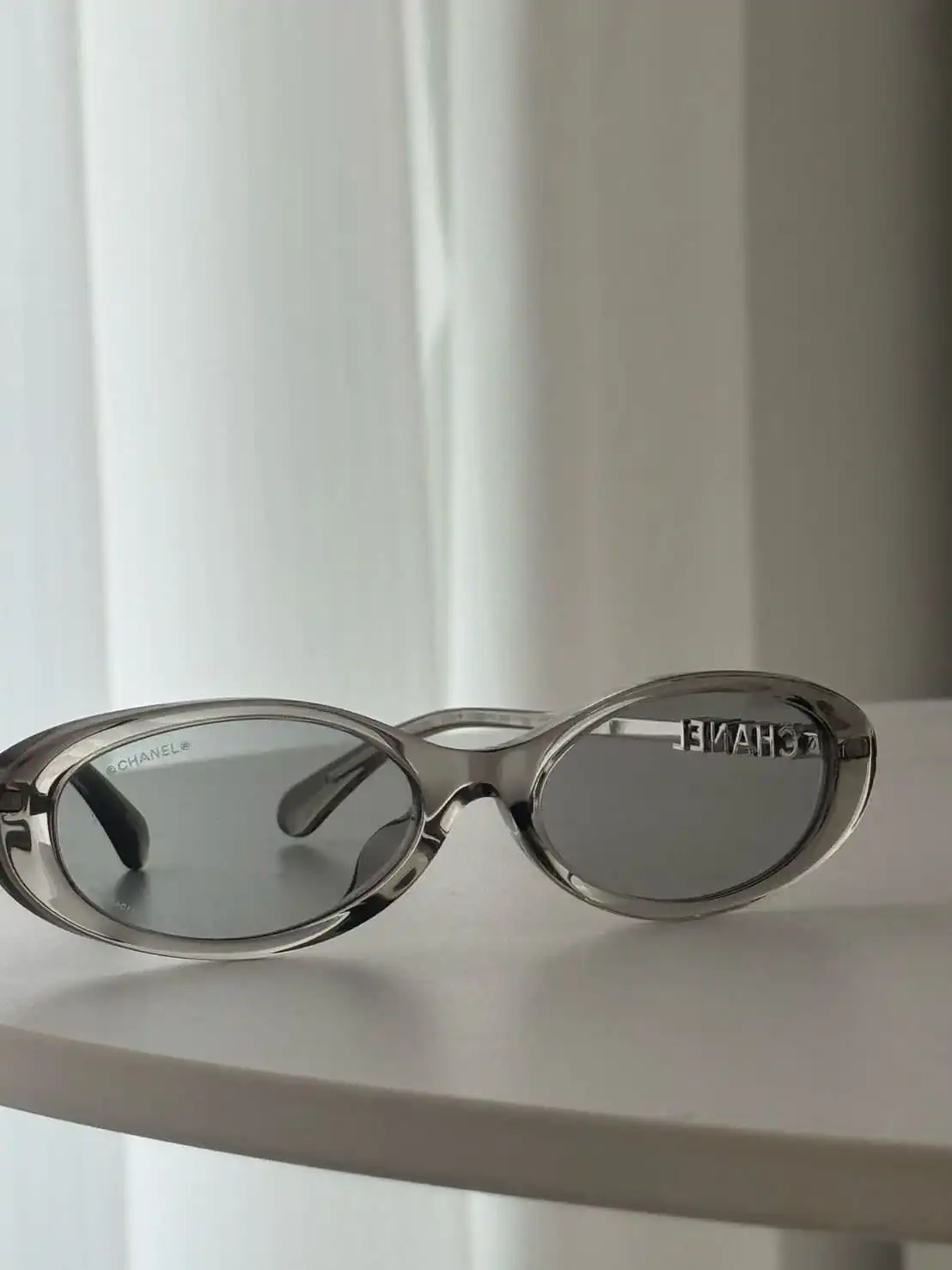 CHANEL Chanel Oval Sunglasses Frame Acetate & Metal Light Grey