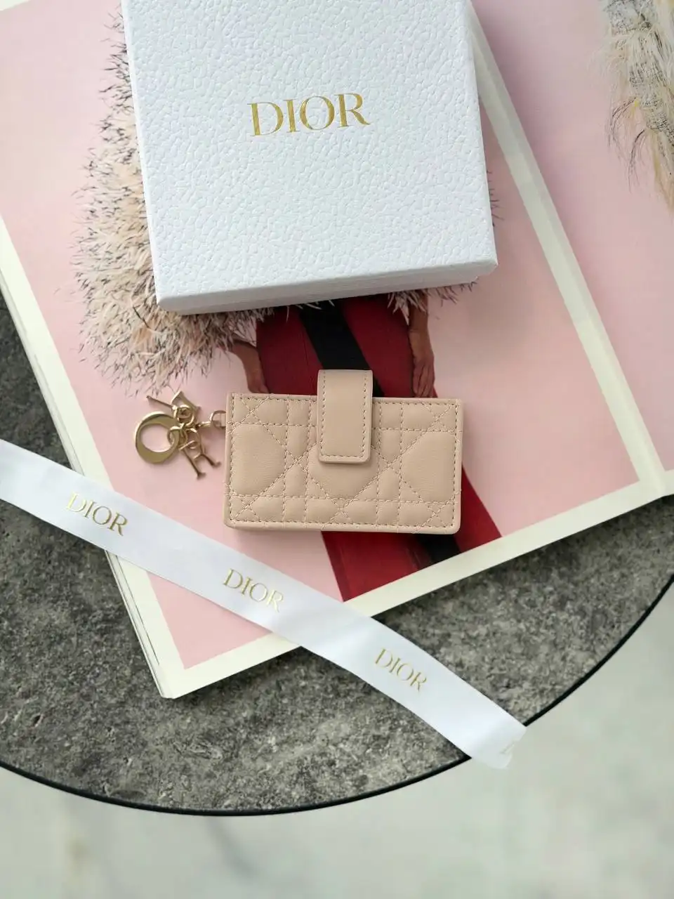 DIOR Dior Lady Dior Jasmine Gusset Card Holder Wallet Powder Pink Cannage