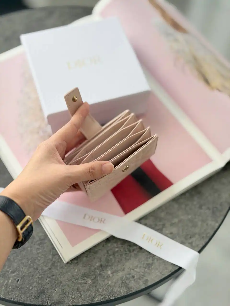 DIOR Dior Lady Dior Jasmine Gusset Card Holder Wallet Powder Pink Cannage