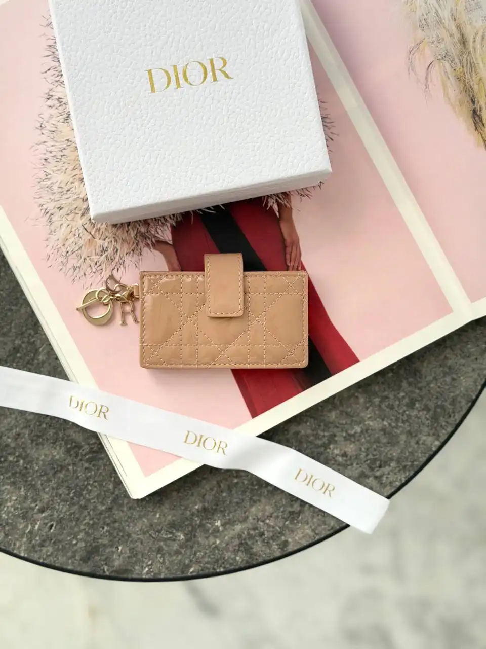 DIOR Dior Lady Dior Jasmine Gusset Card Holder Rose des Vents Patent Cannage Calfskin
