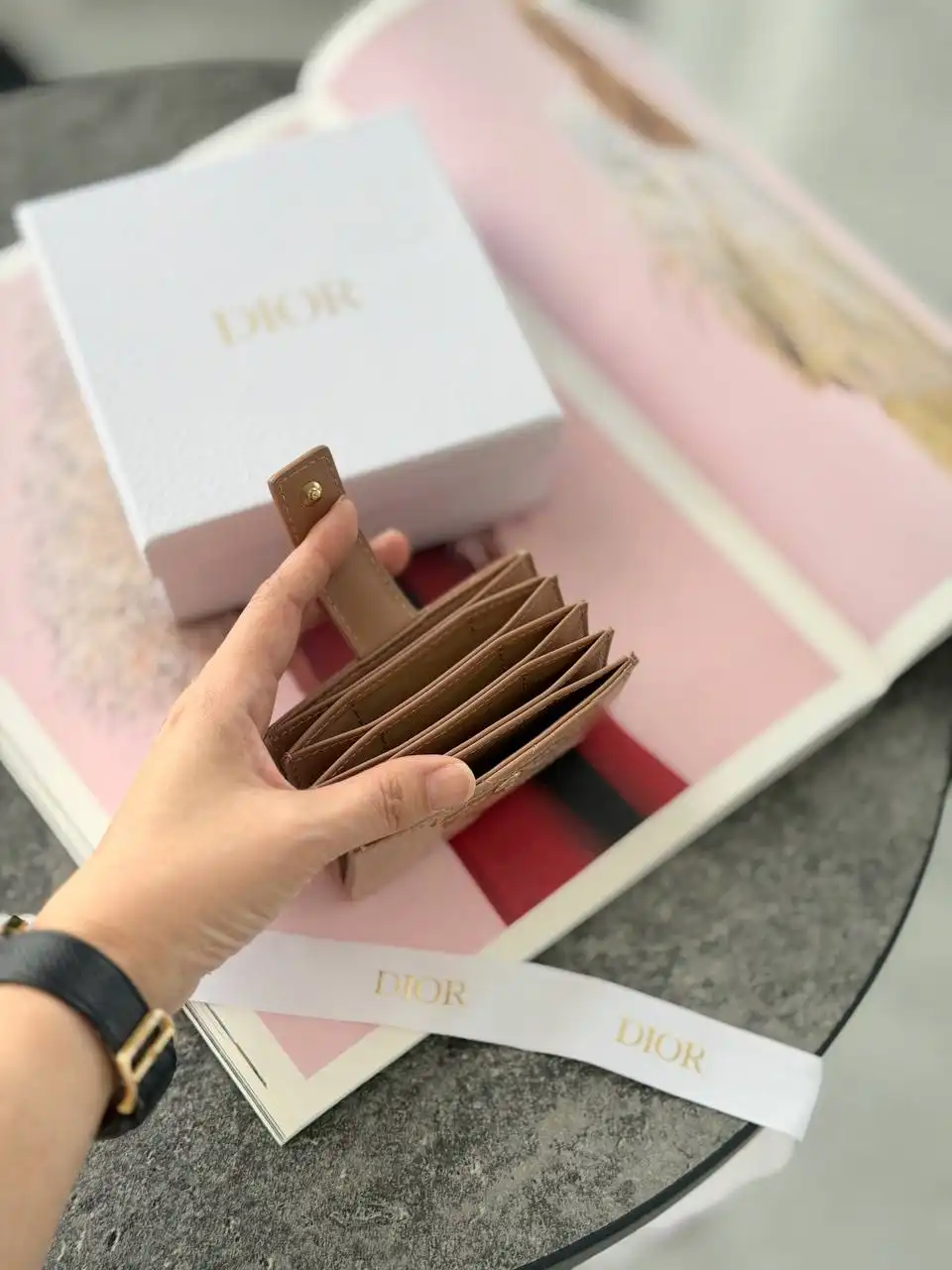 DIOR Dior Lady Dior Jasmine Gusset Card Holder Rose des Vents Patent Cannage Calfskin