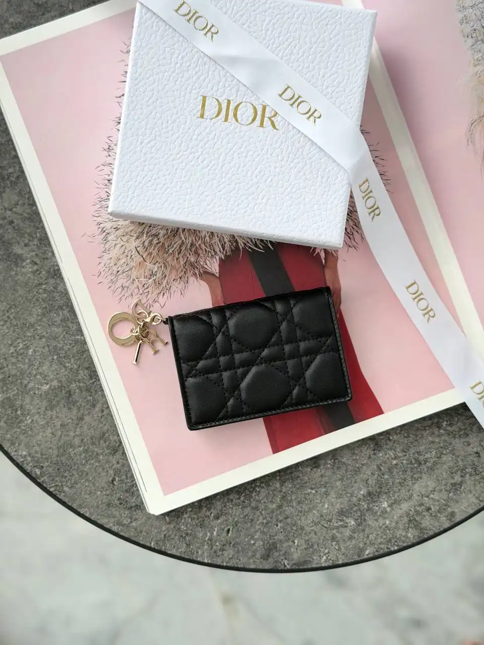DIOR DIOR Lady Dior Bloom Card Holder / Wallet Leather Black Matte
