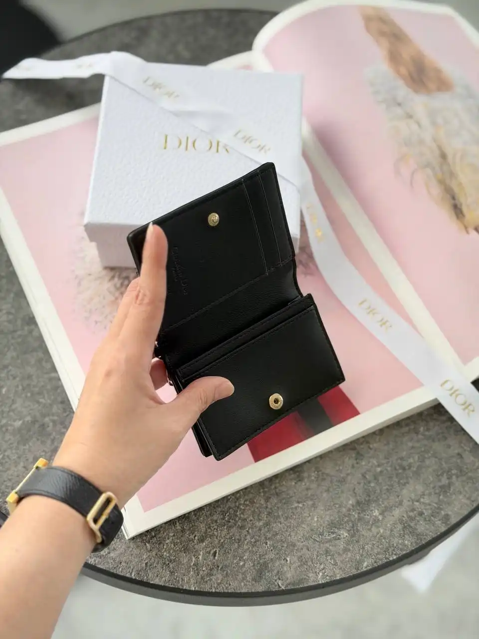 DIOR DIOR Lady Dior Bloom Card Holder / Wallet Leather Black Matte