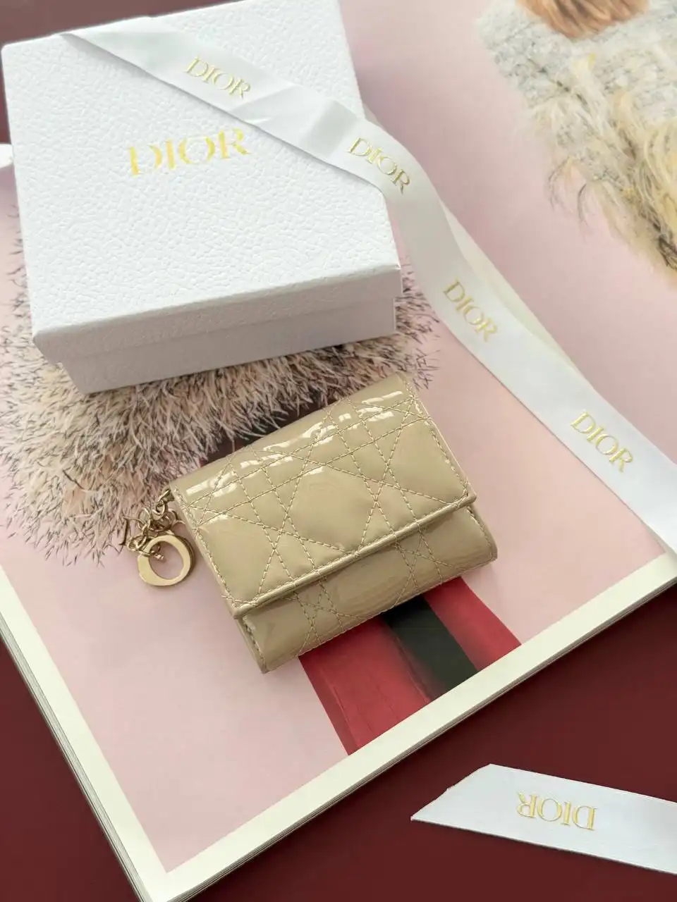 DIOR Lady Dior Lotus Wallet Powder Beige Patent Cannage