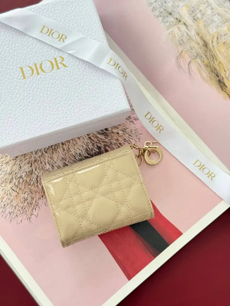 DIOR DIOR Lady Dior Lotus Wallet Patent Powder Beige