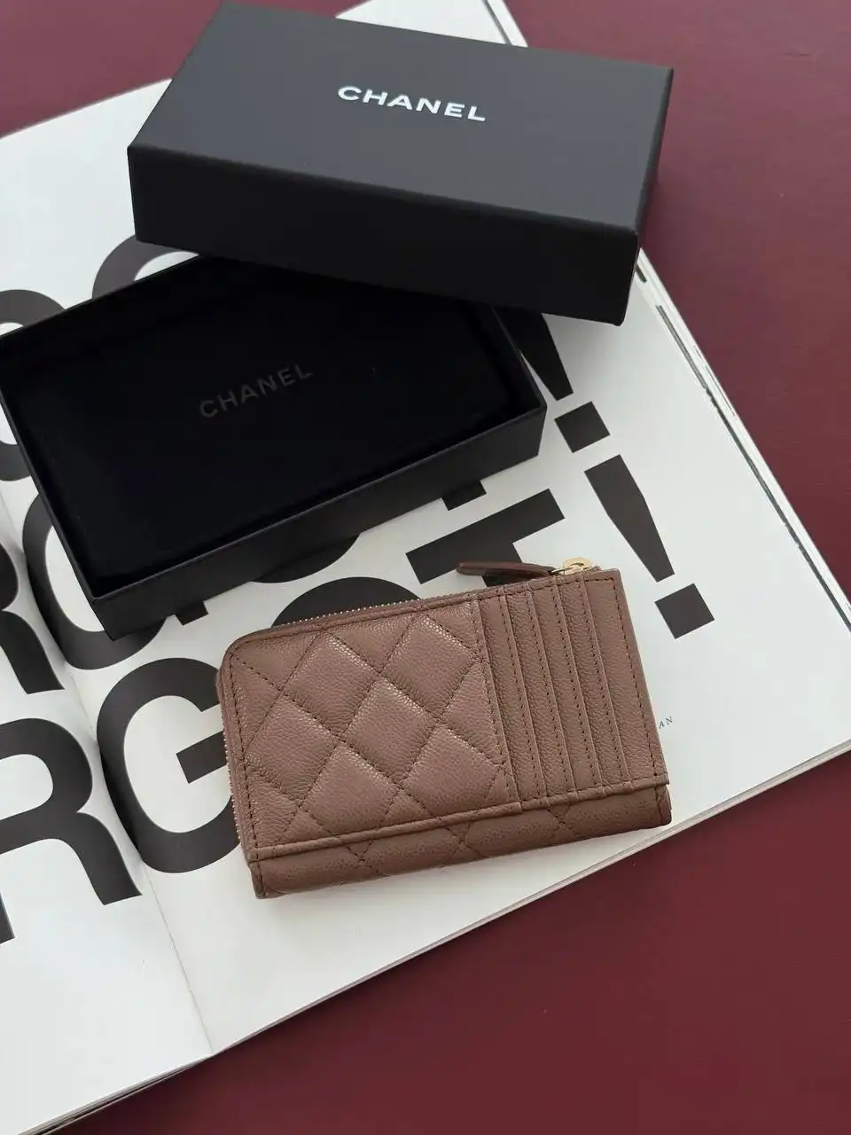 CHANEL Chanel Classic Zipped Card Wallet Caviar Chocolate Brown GHW
