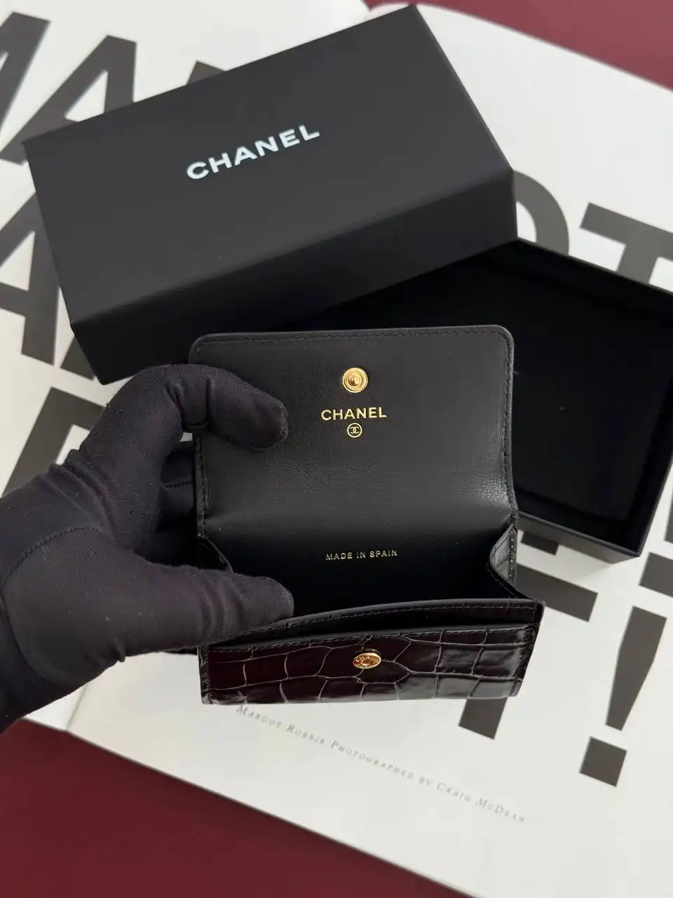 CHANEL Chanel Classic Flap Card Wallet Black Croco GHW