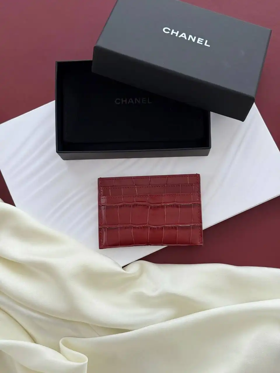 CHANEL Chanel Classic Card Holder Croco Red GHW
