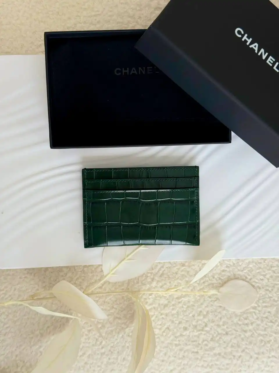 CHANEL Chanel Classic Card Holder Croco Green Emerald GHW