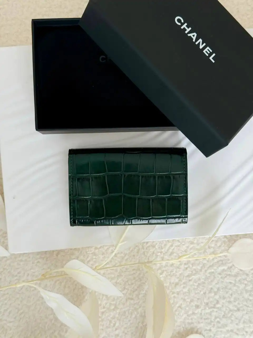 CHANEL Chanel Classic Flap Card Wallet Croco Green Emerald GHW