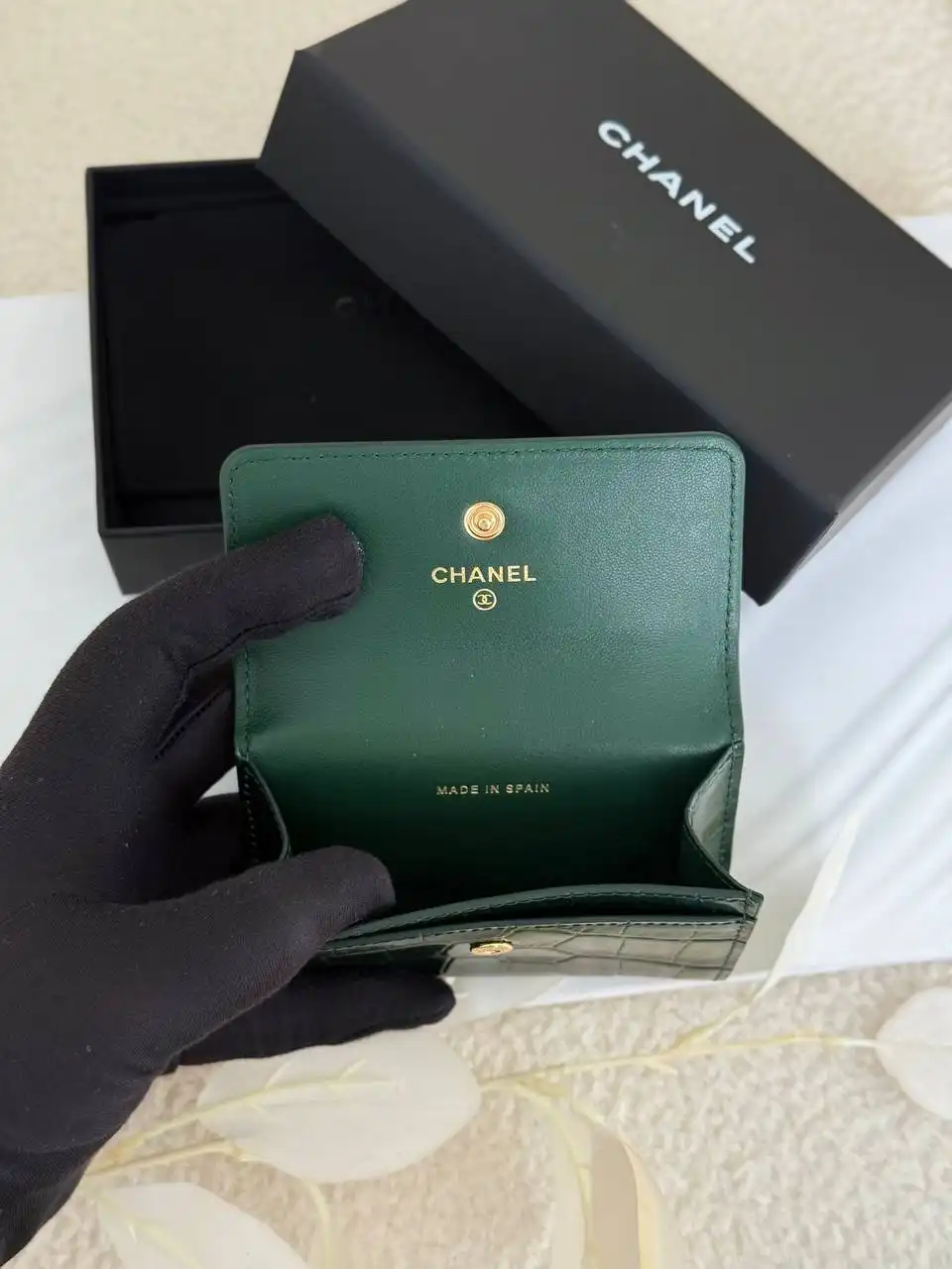 Chanel Classic Flap Card Wallet Croco Green Emerald GHW - photo 3