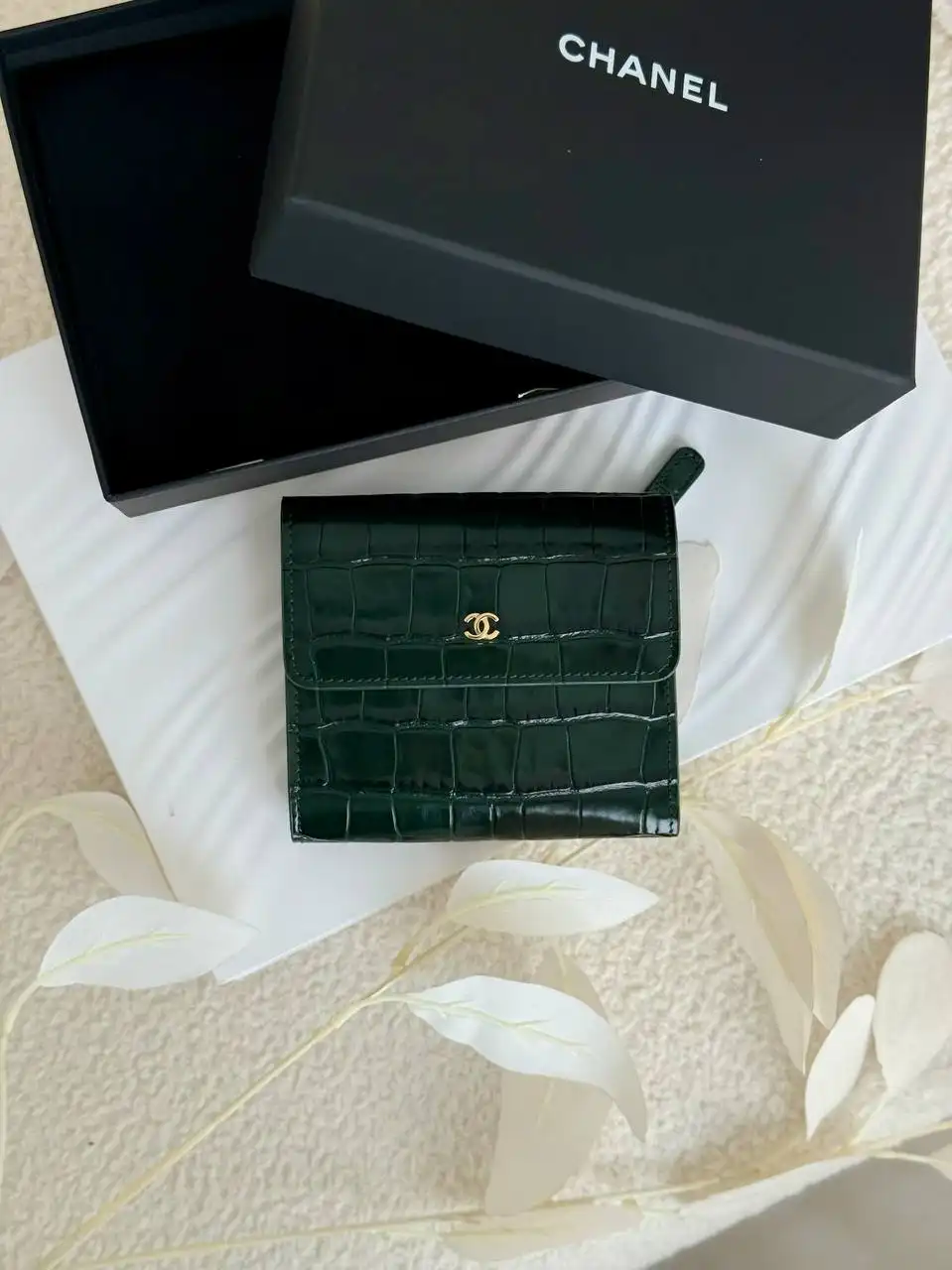 CHANEL Chanel Small Wallet Trifold Croco Green Emerald GHW