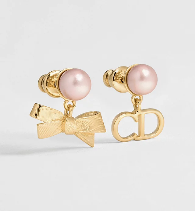 DIOR DIOR CD Bow Earrings Gold Metal and Iridescent Pink Pearls