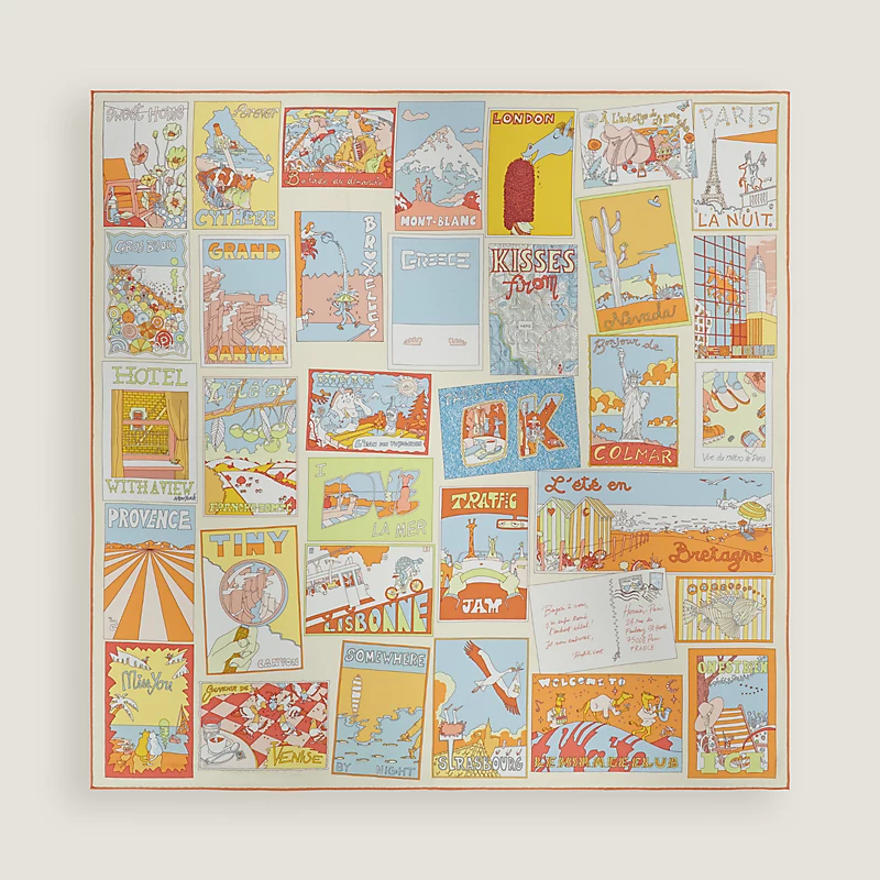 Hermes Hermes On Est Bien Ici ! Scarf 90 Orange / Bleu Ciel / Creme