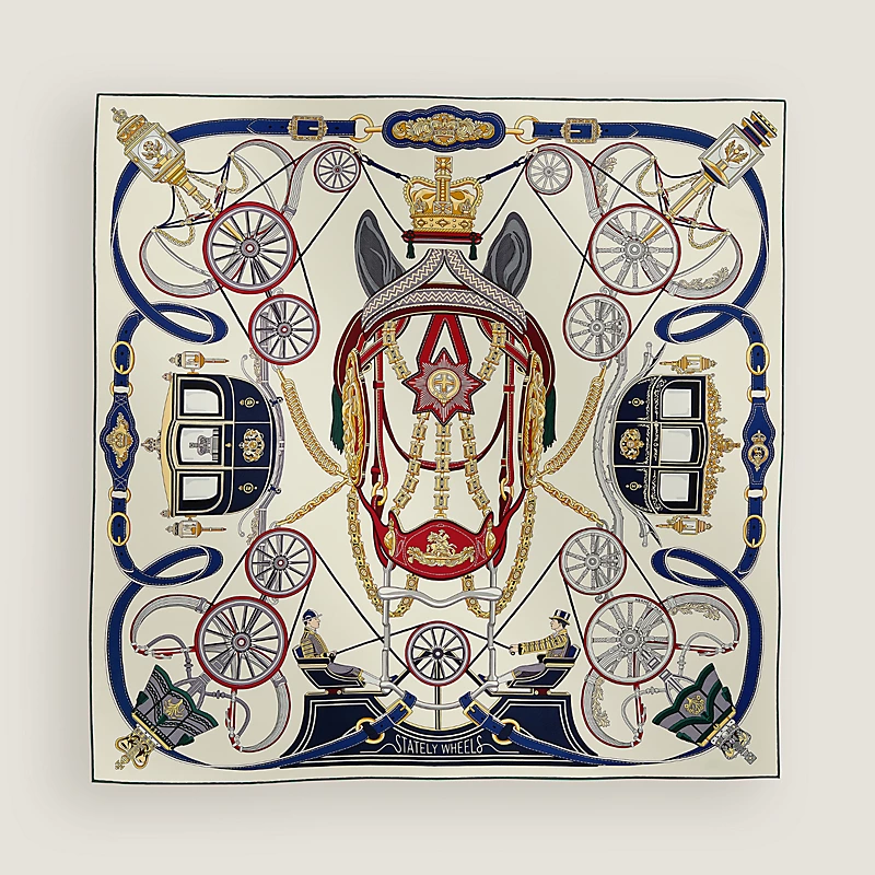 Hermes Hermes Stately Wheels Scarf 90 Creme / Bordeaux / Bleu