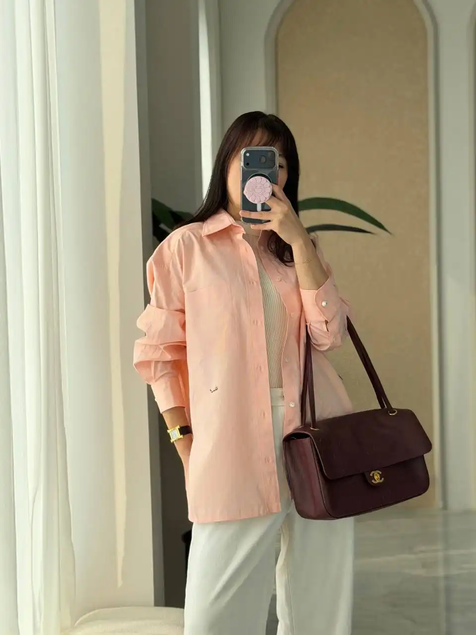 CHANEL Chanel Long-Sleeved Shirt Cotton Coral