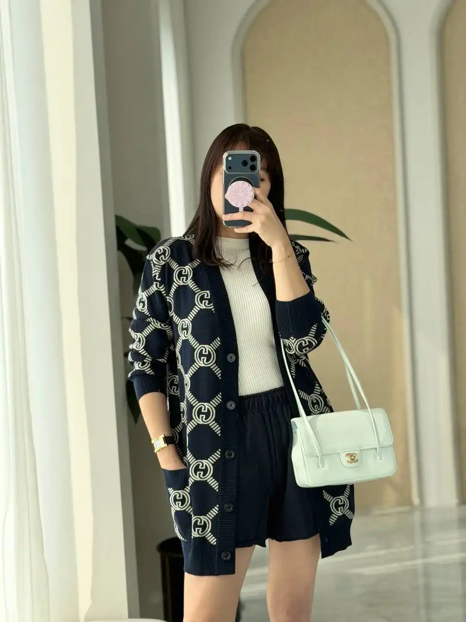 GUCCI Gucci GG Reversible Wool - Blend Cardigan Navy