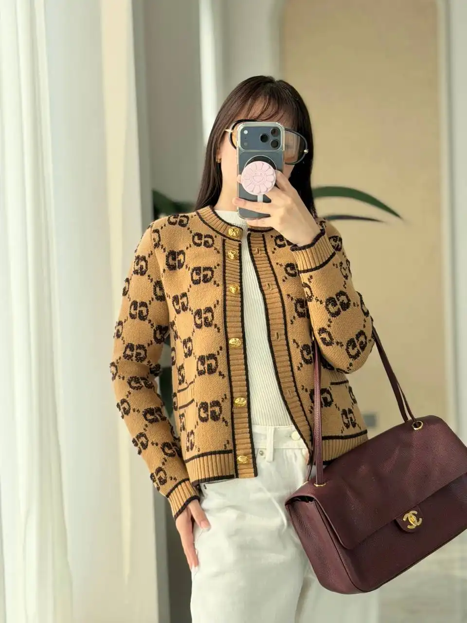 GUCCI Gucci GG Wool Boucle Jacquard Cardigan Camel Brown