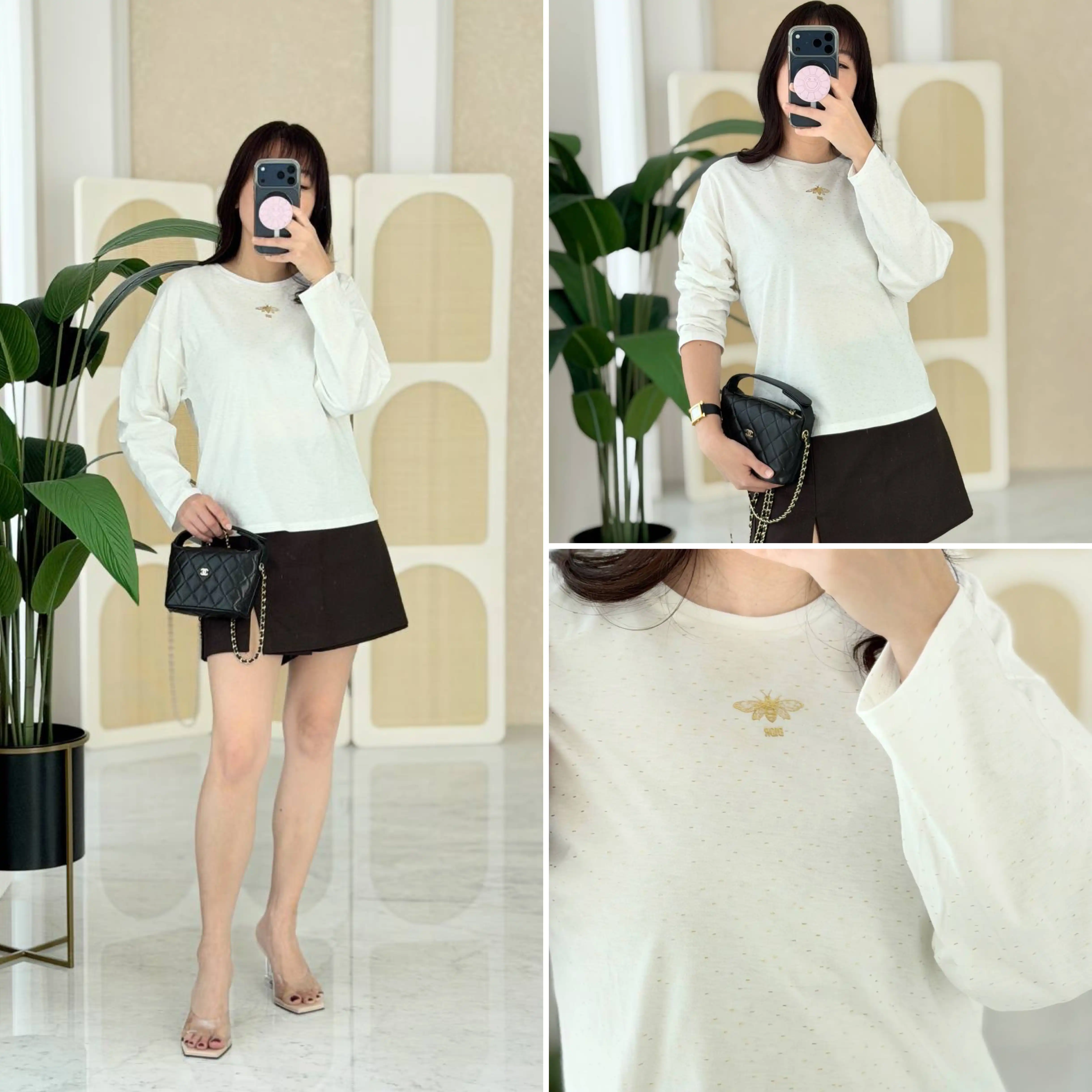 DIOR Dior Long-Sleeved T-Shirt Ivory Cotton Jersey with Gold-Tone Sequins