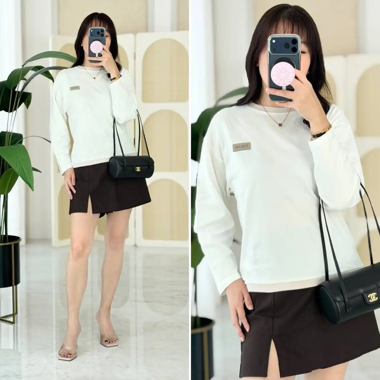 DIOR Dior Long-Sleeved T-Shirt Ivory Cotton Jersey Small Logo