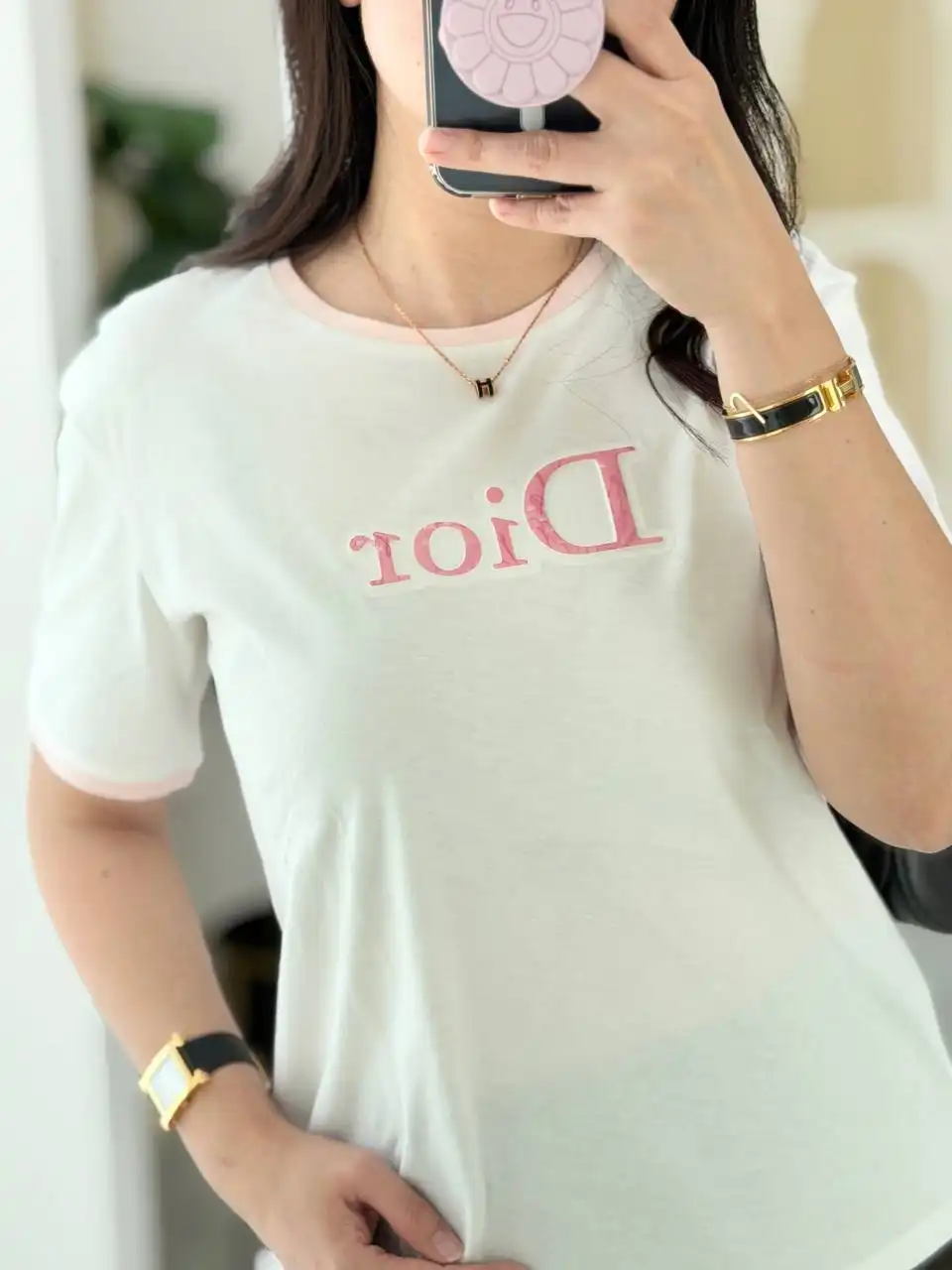 Dior T-Shirt Ivory Cotton Jersey Logo Pink - photo 4