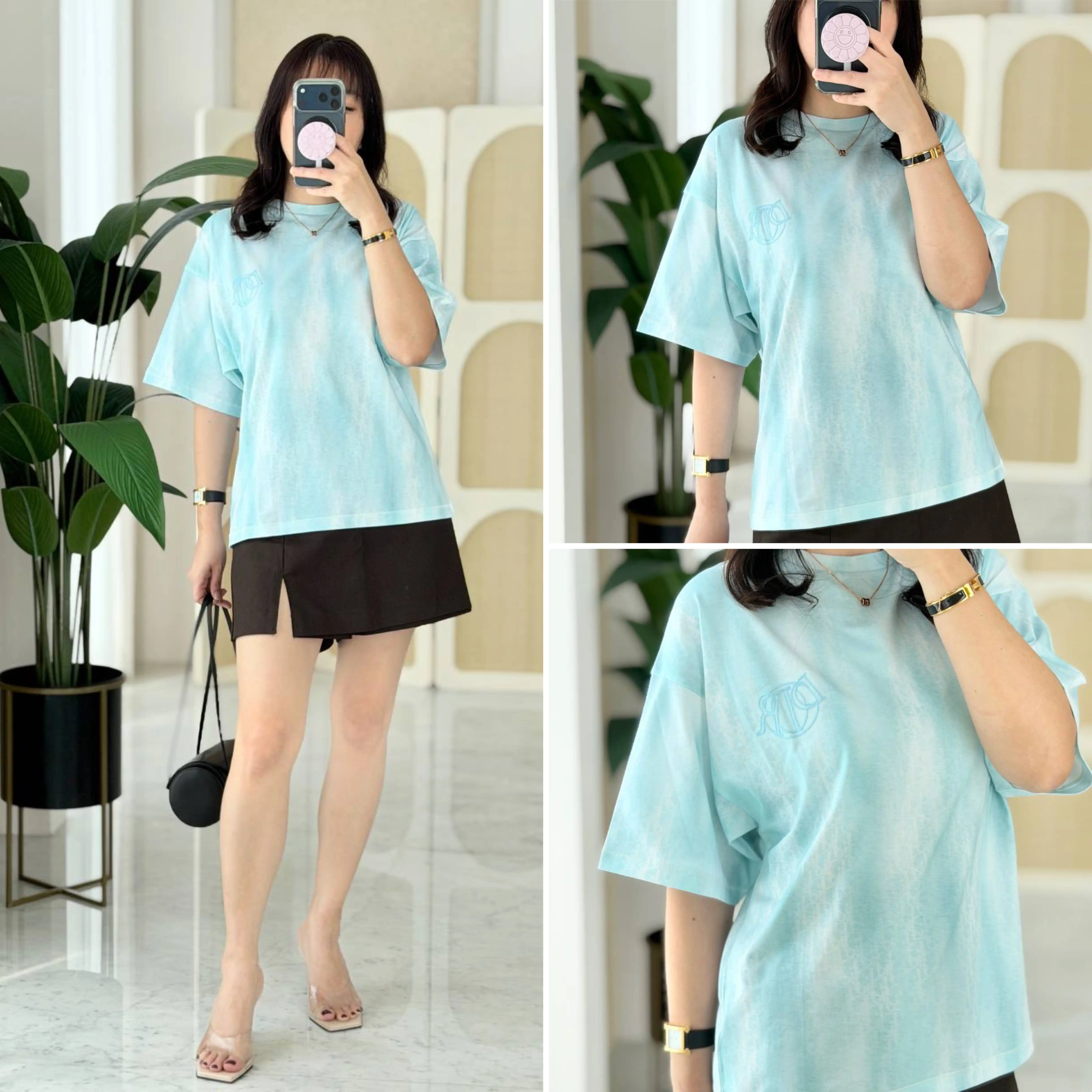 DIOR DIOR Tshirt Turquoise Cotton Jersey with Gradient Dior Oblique Print