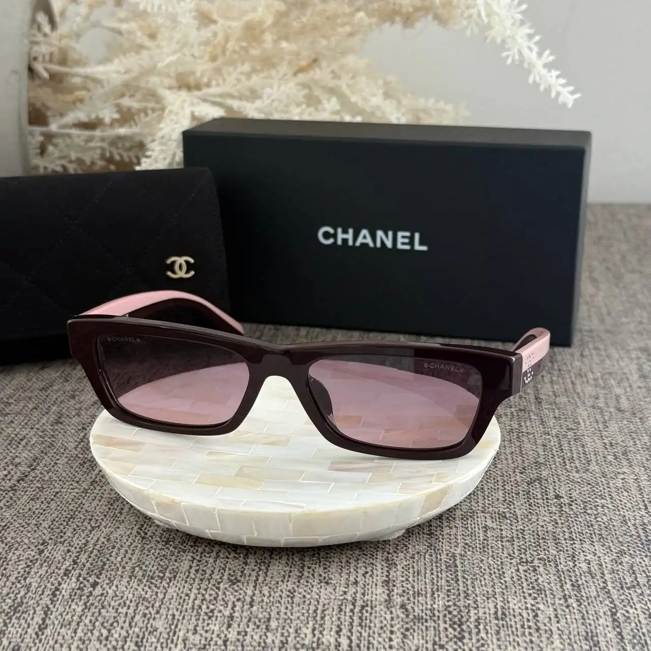 CHANEL Chanel Rectangle Sunglasses Frame Acetate Burgundy With Burgundy Lenses