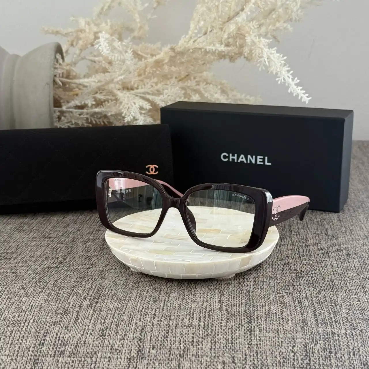 CHANEL Chanel Square Eyeglasses Frame Acetate Burgundy With Clear Lenses