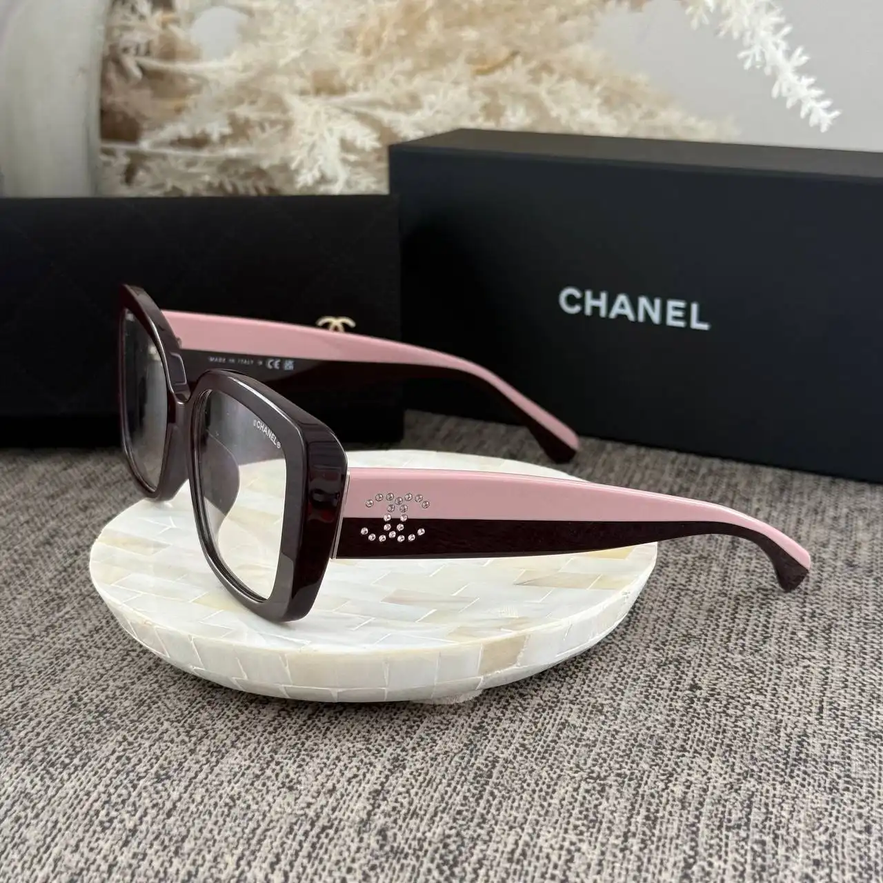 CHANEL Chanel Square Eyeglasses Frame Acetate Burgundy With Clear Lenses