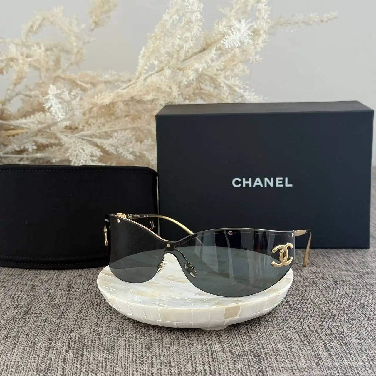 CHANEL Chanel Shield Sunglasses Frame Metal Gold With Grey Lenses
