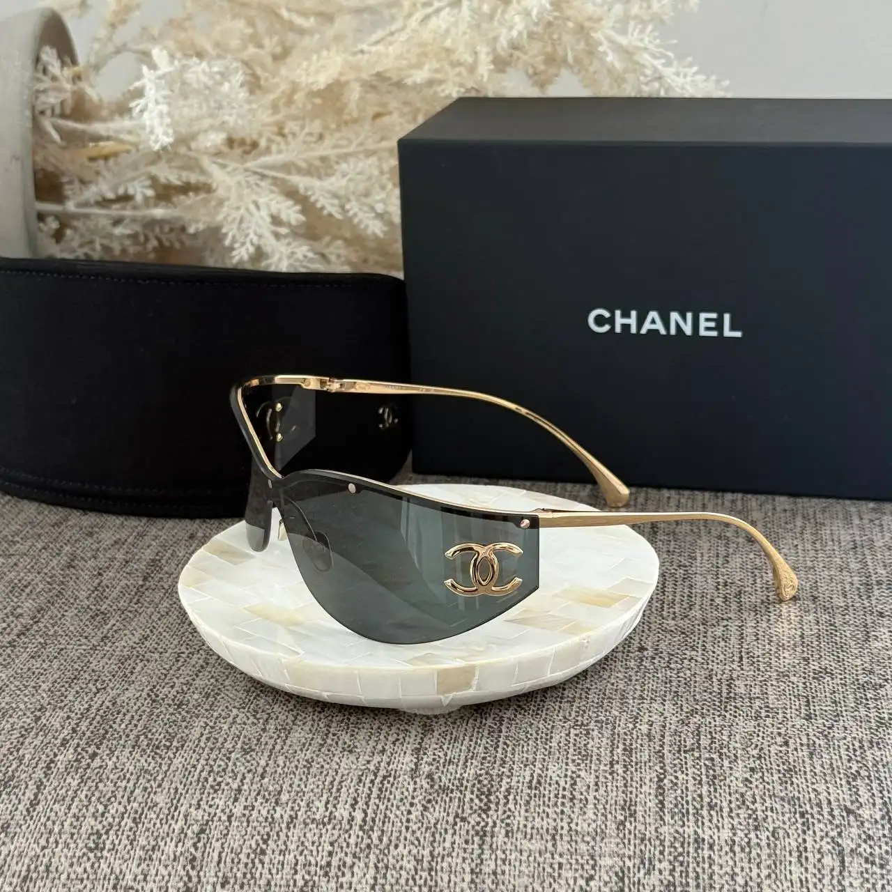 CHANEL Chanel Shield Sunglasses Frame Metal Gold With Grey Lenses