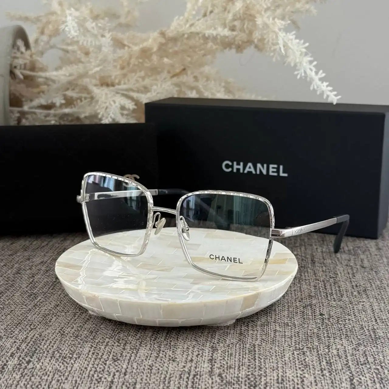 CHANEL Chanel Square Eyeglasses Frame Metal Silver With Clear Lenses