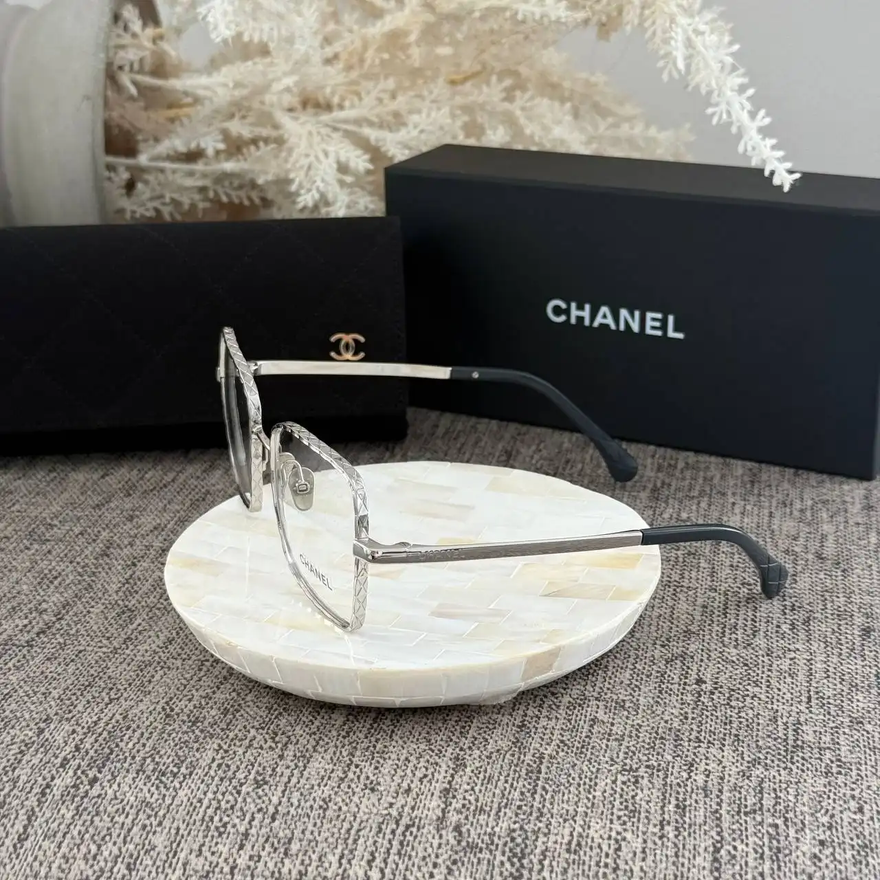 CHANEL Chanel Square Eyeglasses Frame Metal Silver With Clear Lenses