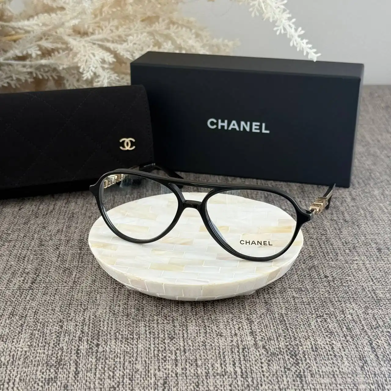 CHANEL Chanel Pilot Eyeglasses Frame Acetate & Metal Black With Clear Lenses
