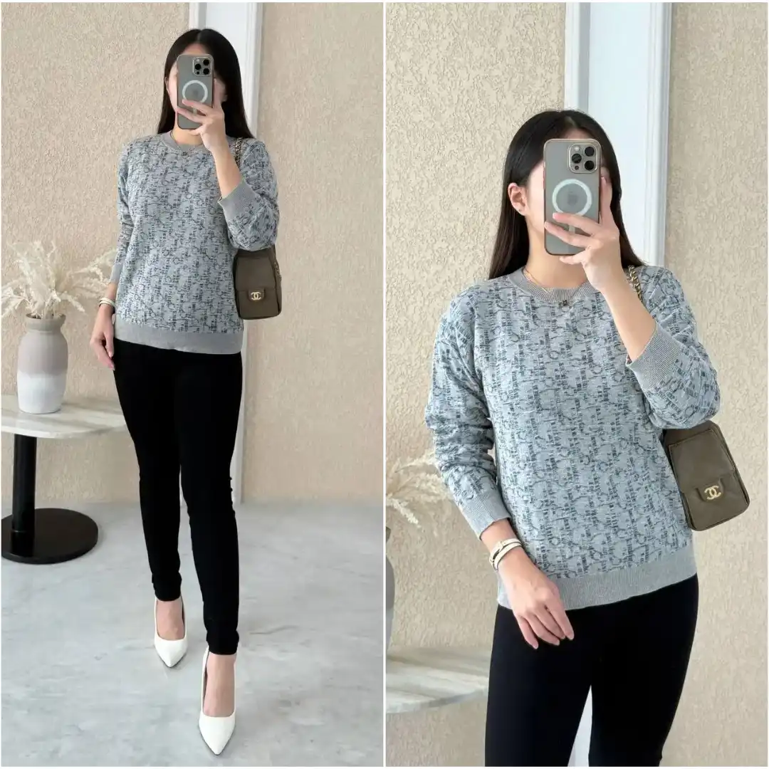 DIOR Dior Sweater Light Grey Cotton Mouline Knit with Deep Grey Dior Oblique Jacquard