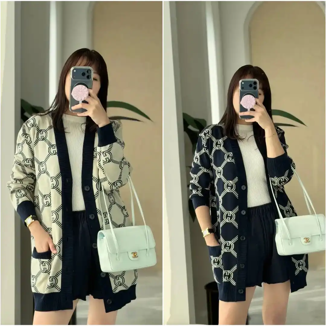 GUCCI Gucci GG Reversible Wool - Blend Cardigan Navy