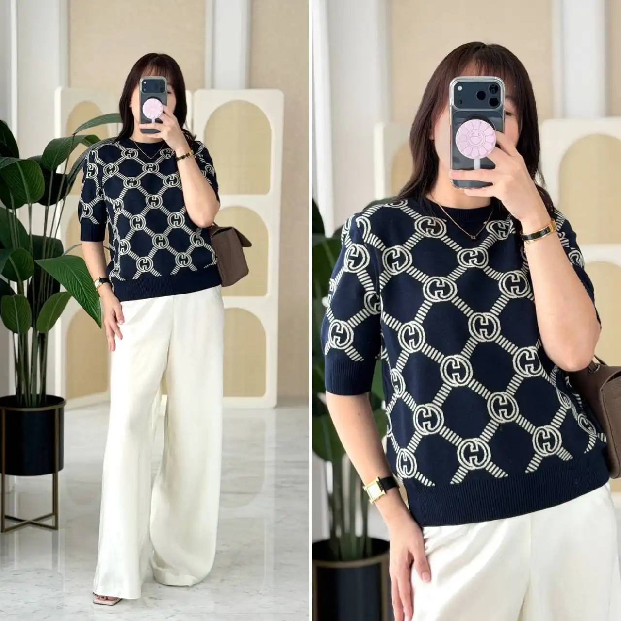 GUCCI Gucci Logo - Jacquard Stretch Wool - Blend Sweater Navy