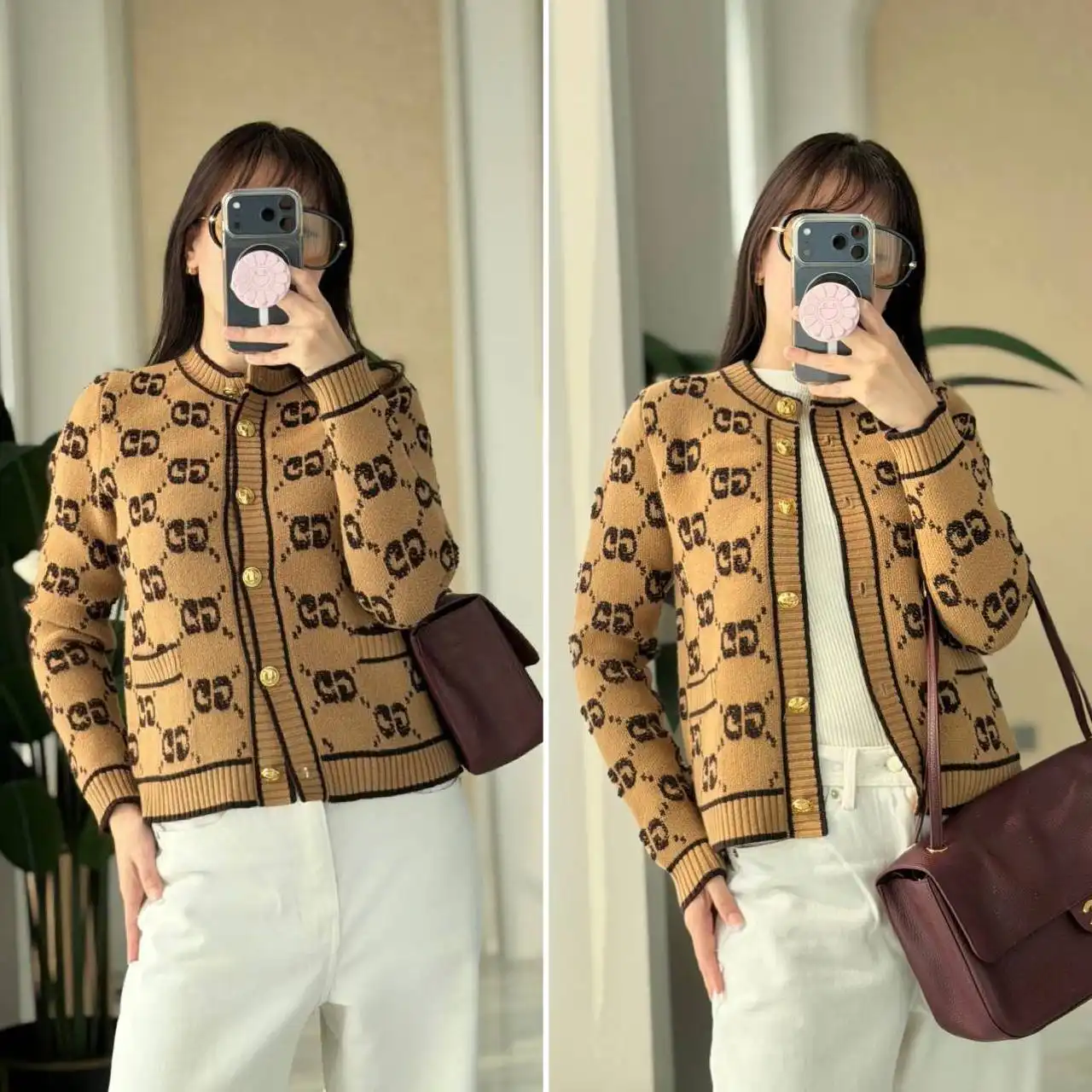 GUCCI Gucci GG Wool Boucle Jacquard Cardigan Camel Brown