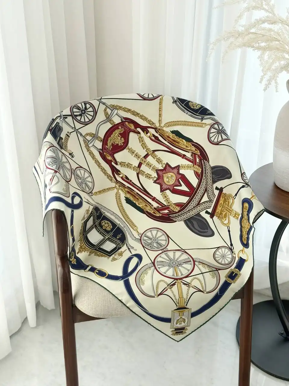 Hermes Hermes Stately Wheels Scarf 90 Creme / Bordeaux / Bleu