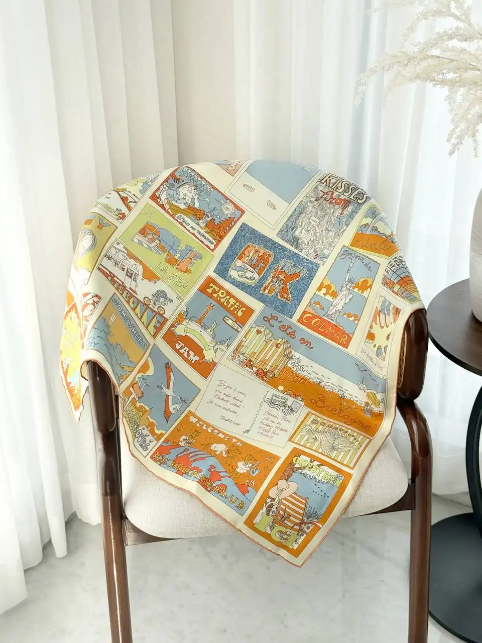Hermes Hermes On Est Bien Ici ! Scarf 90 Orange / Bleu Ciel / Creme