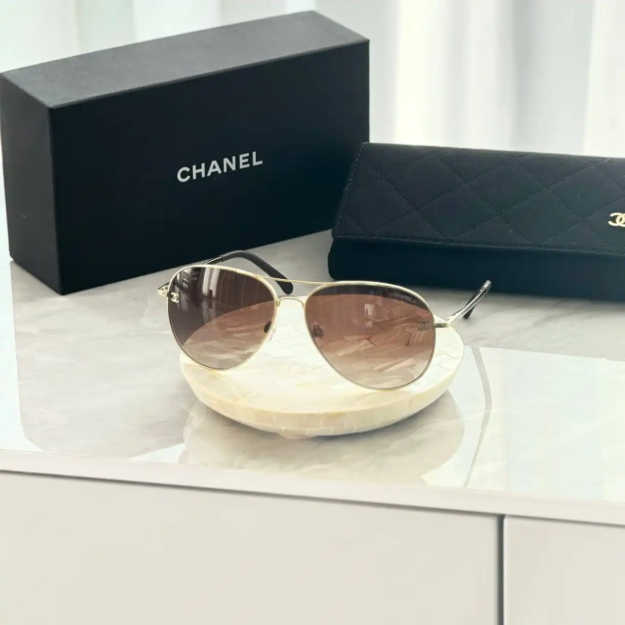CHANEL Chanel Pilot Logo Sunglasses in Gold / Brown / Gradient Titanium