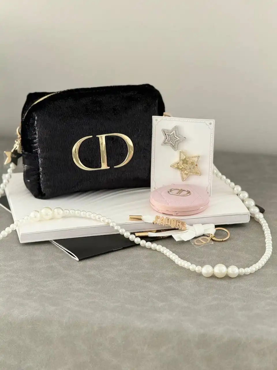 Dior Pouch Sling Shimmer Black Set - Inside : Dior Hairclip + Dior Key Ring + Dior Pocket Mirror