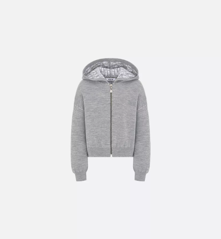 DIOR Dior Reversible Zipped Cardigan with Hood Gray Wool Knit and Dior Oblique Jacquard