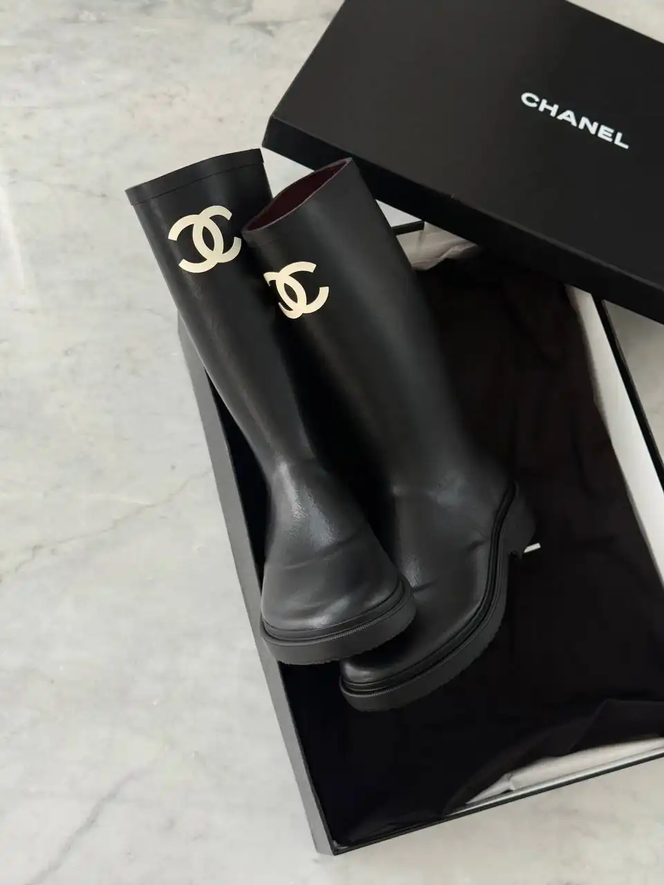 CHANEL Chanel Classic Boots Black With White CC Logo