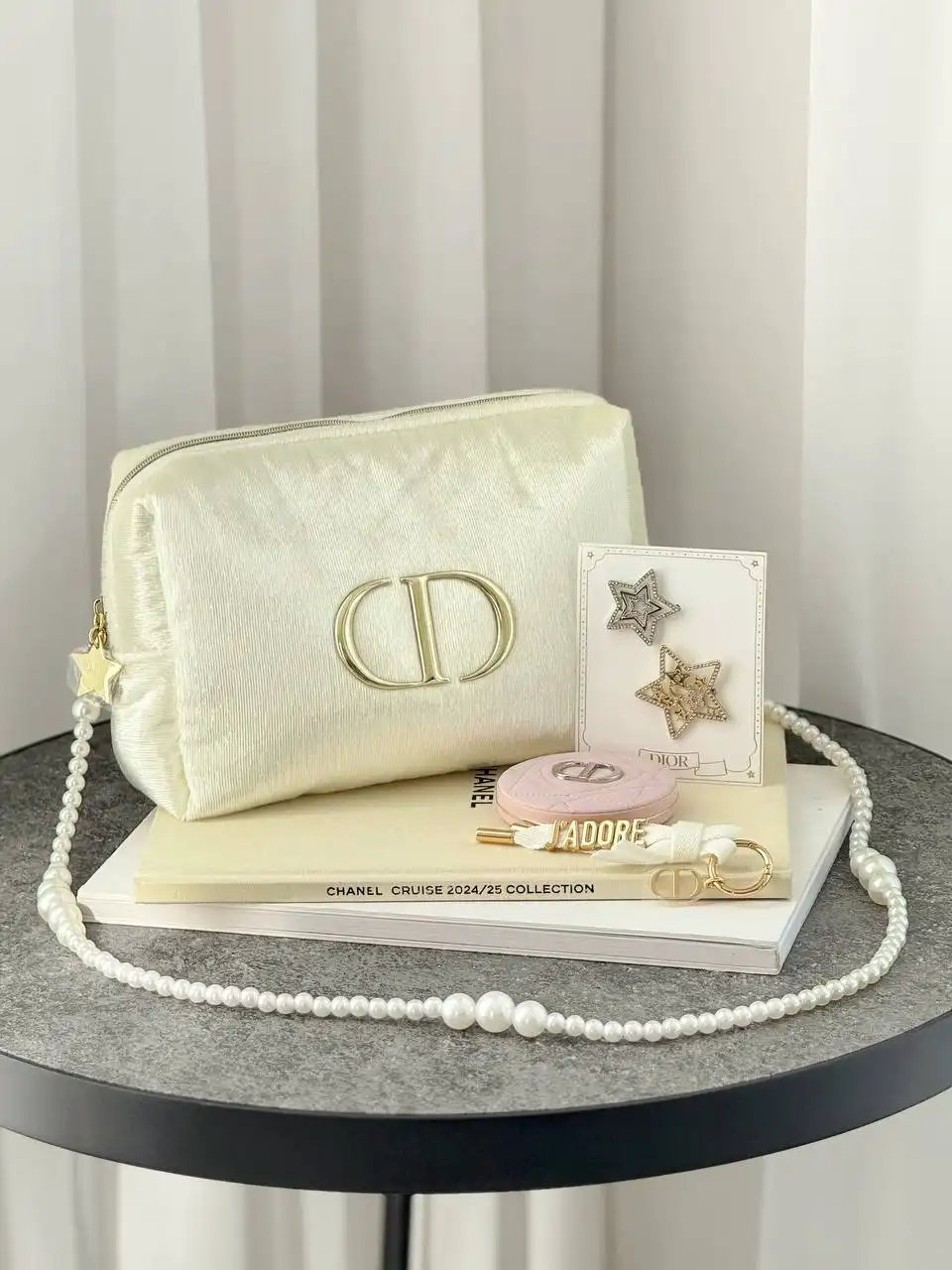 Dior Pouch Sling Shimmer White Set with Pearl Chain - Inside : Dior Hairclip + Dior Key Chain + Dior Pocket Mirror